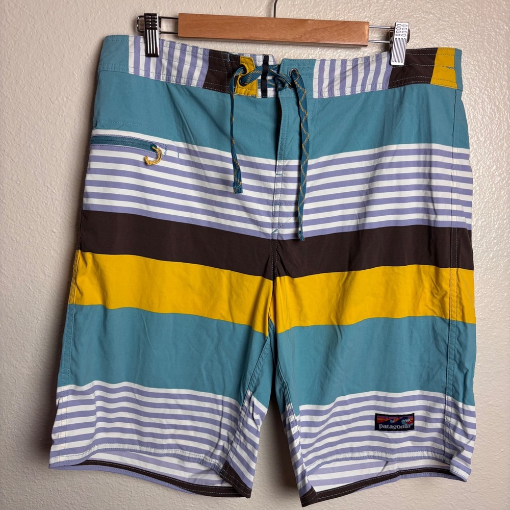Patagonia Wavefarer Board Shorts Mens 36 Blue Yellow Striped Surf Swim Trunks
